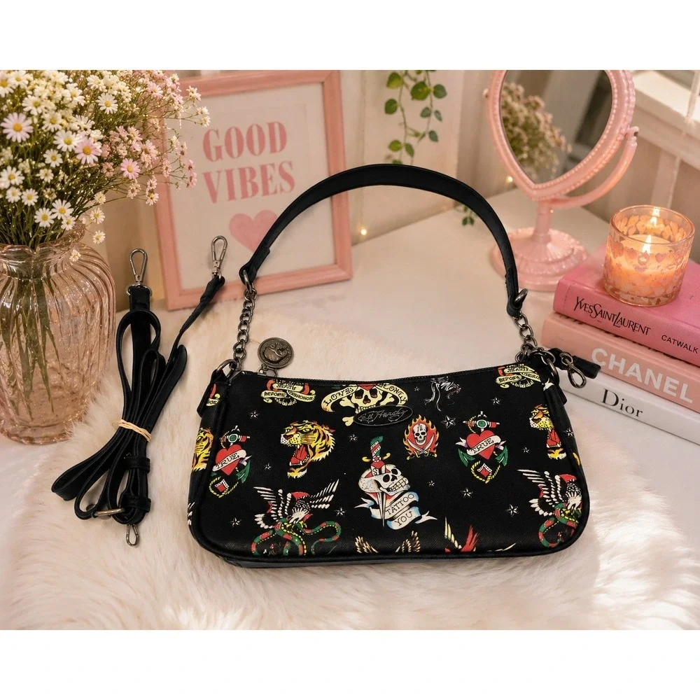 Ed Hardy Black Shoulder Crossbody Bag with Charms Love Kills Slowly Skull Tattoo